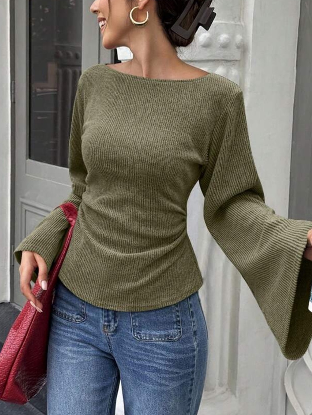 Women's Green Bell-Sleeve Knit Sweater